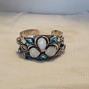 Silver-Tone Moonstone and Blue Crystal Cuff Bracelet - Women's Jewelry